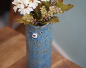 Ceramic Handmade Tall Blue Hand-pinched Bear Coarse Clay Vase