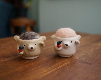 Handmade Ceramic Needle Felted Bear Pin Cushion, Wool Felted Pin Cushion, Perfect gift for sewist