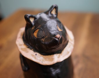 Ceramic Handmade Black Cat Flower Pot Vase, Animal Pot, Cat Sculpture, Cat Planter