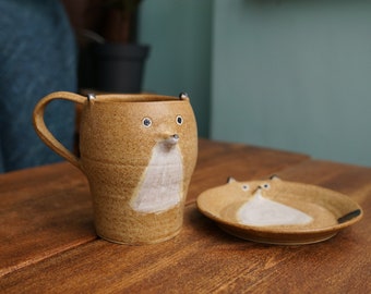 Ceramic Handmade Fox Mug and Saucer Set, Fox afternoon tea set,Pottery Mug,Handmade Ceramic Mug,Cute Ceramic