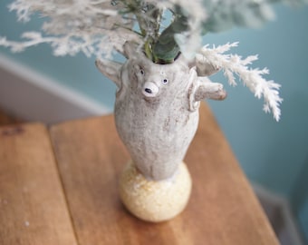 Ceramic Handmade Polar Bear ready to fly (with hands, on moon) Vase, Bear Sculpture