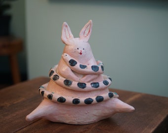 Ceramic Handmade The Pink Rabbit and the snake Sculpture, decorations,  Rabbit Sculpture