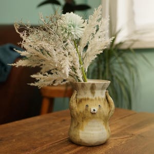 Ceramic Handmade Matt Brown Bear Flower Pot Vase, Animal Pot, Bear Sculpture, Bear Planter