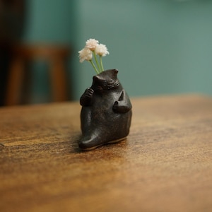 Handmade Brown Clay Black Cat Flower Pot, Incense Holder, Organic Vase