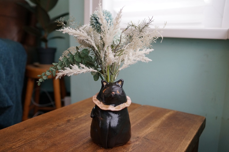 Keramik handgemachte schwarze Katze Blumentopf Vase, Tier Topf, Katzenskulptur, Katzenpflanzer Bild 10
