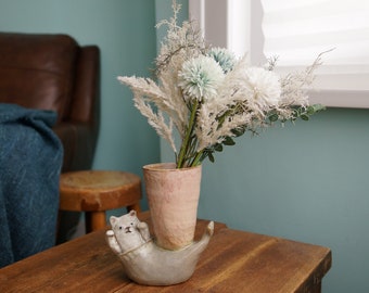 Keramik handgemachte weiße Katze Meerjungfrau Blumentopf Vase, Tiertopf, Wels-Skulptur