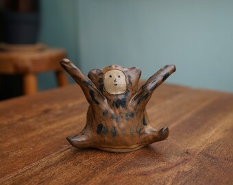 Handmade Ceramic Brown Monkey Ring Holder, Accessories holder