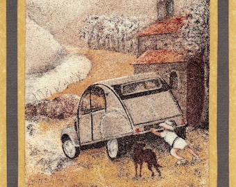 Tableau de sable naturel 24x18 cm L'enfant, son chien et la 2 CV