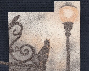 Natural sand painting 24x18 cm Cat, bird and street light
