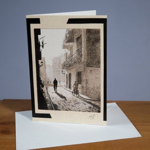 Carte de vœux A5, reproduction du tableau de sable "Dans les rues de Barcelone"