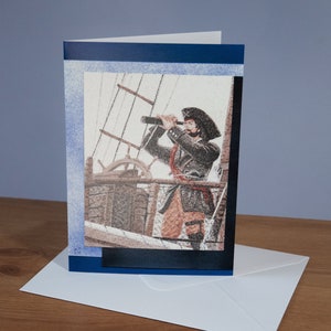 Carte de vœux A5, reproduction du tableau de sable "Le pirate sur un bateau"