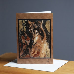 Carte de vœux A5, reproduction du tableau de sable et feuilles d'or "Loup"