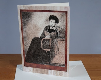 Greeting card, Reproduction of the sand painting "The reader and her cat"