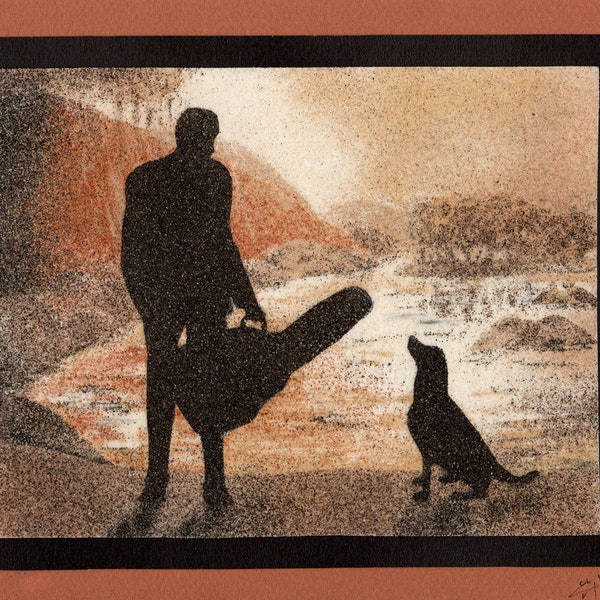 Tableau de sable naturel 18x24 cm Guitariste et chien sur la plage