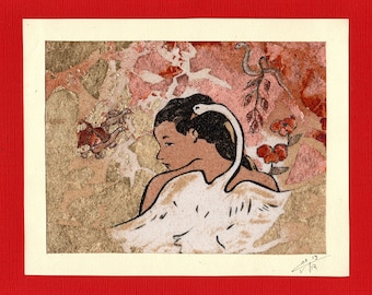 Tableau de sable naturel et feuilles d'or 18x24 cm D'après Gauguin, Léda et le cygne