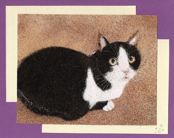Natural sand painting 18x24 cm Black and white cat 2