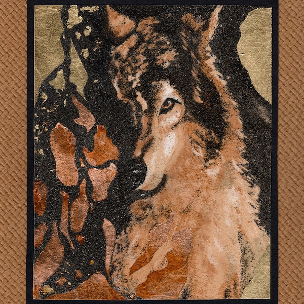 Tableau de sable naturel et feuilles d'or 24x18 cm Loup