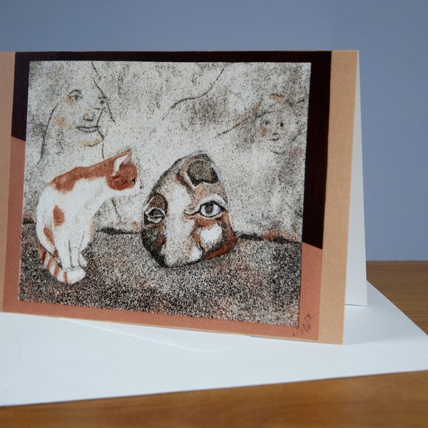Greeting card, Reproduction of the sand painting "Cat and street-art in Avallon"