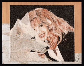 Tableau de sable naturel 18x24 cm Mylène Farmer et Liloup