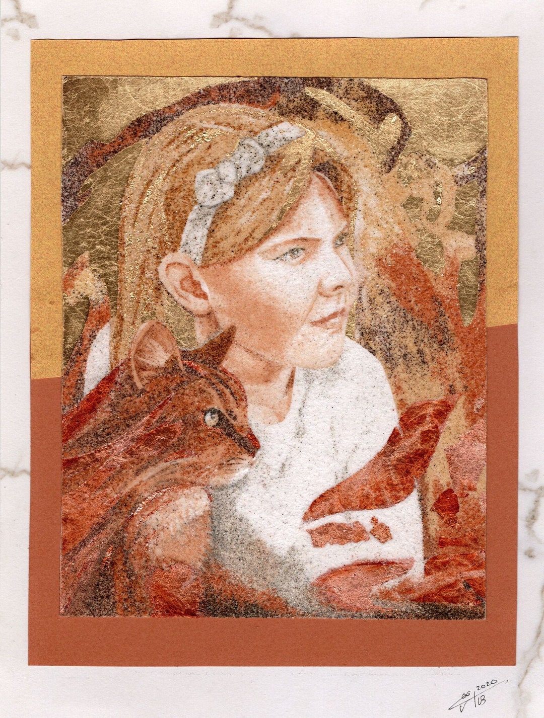 Natural Sand Painting With Gold Leaves 24x18 Cm the Little Girl and the