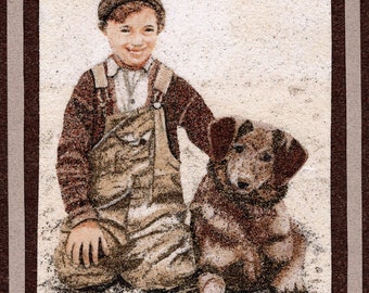 Tableau de sable naturel 24x18 cm Le garçon et son chien