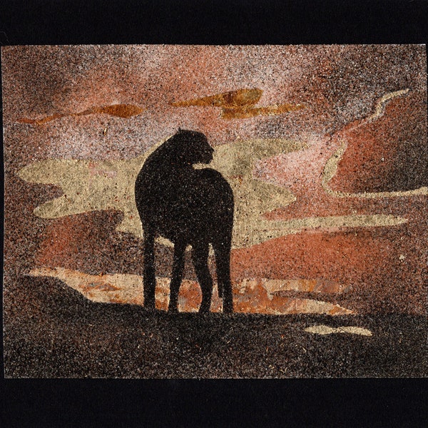 Tableau de sable naturel et feuilles d'or 18x24 cm Félin au coucher de soleil Afrique