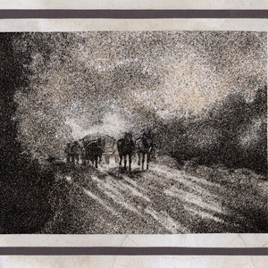 天然砂絵 18x24 cm 荷車と馬、レオナール・ミゾンヌを題材に