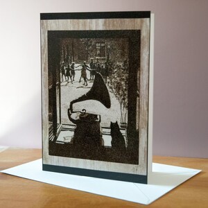 Carte de vœux A5, reproduction du tableau de sable "Le chat et le gramophone"