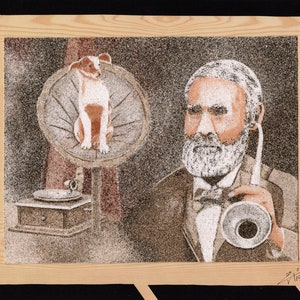 Natural sand painting 18x24 cm The dog and his master, phonograph and ear trumpet