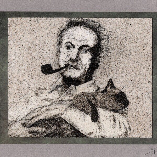 Tableau de sable naturel 18x24 cm Georges Brassens et son chat