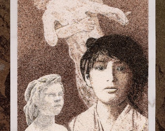 Natural sand painting 24x18 cm Camille Claudel and two of her sculpures, The Little Chatelaine and The Waltz