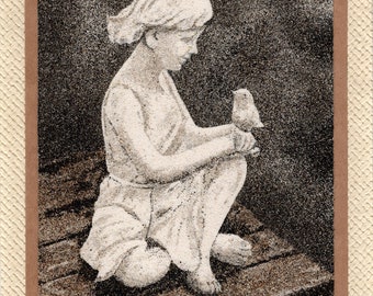 Tableau de sable naturel 24x18 cm Sculpture d'une fillette avec un oiseau