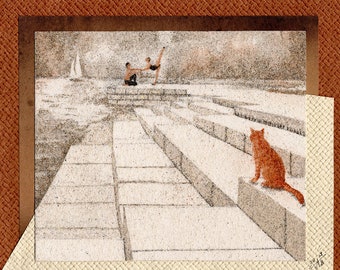 Pintura em areia natural 18x24 cm O gato e o órgão do mar de Zadar na Croácia