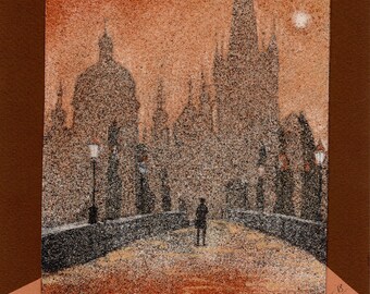 Pintura em areia natural 24x18 cm Praga, Ponte Carlos