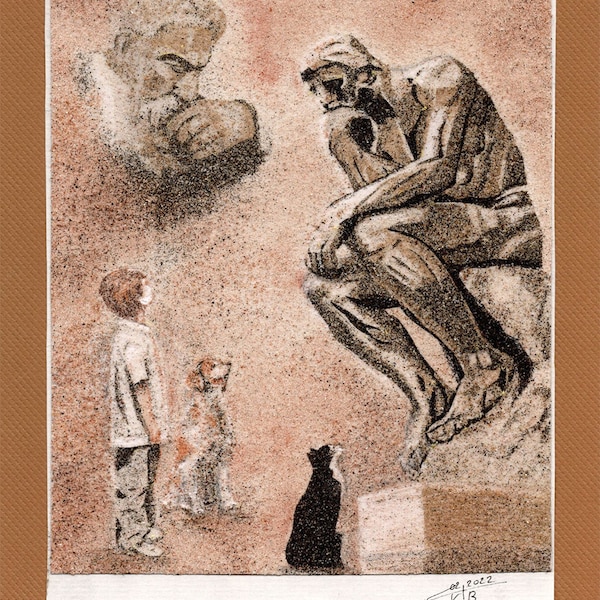 Tableau de sable naturel 24x18 cm Rodin et le Penseur devant trois admirateurs pensifs