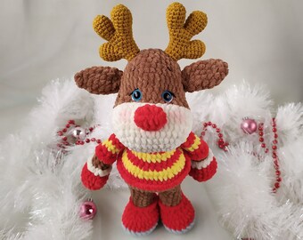 Plush Christmas Deer, Handmade Wool Knitted Toys, Kids Gift for Christmas and New Year