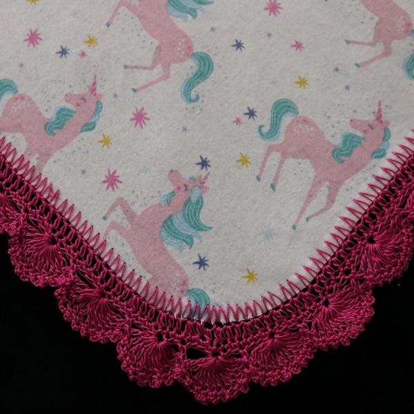 Receiving Blanket Hand Crocheted Edge New Baby Shower Gift Girl's Magical Prancing Pink UNICORNS!