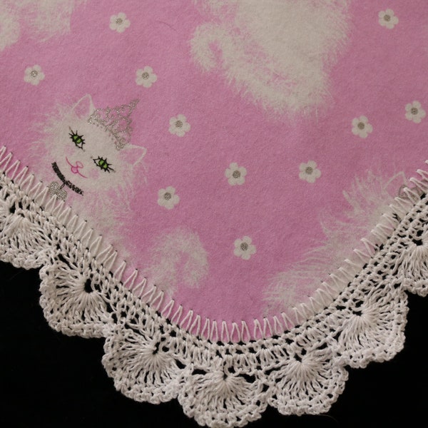 Receiving Blanket Hand Crocheted Edge New Baby Shower Gift Girl's Fluffy White Cats Wearing Sparkling Tiaras on Pink