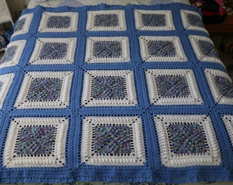 Granny Squares Afghan Hand Crocheted Blanket Blues Variegated, Periwinkle Blue & White Large Granny Squares Storage Bag Included!