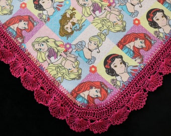 Receiving Blanket Hand Crochet Edge New Baby Shower Gift Girl's Disney Princesses Quilt Like Patchwork Print