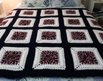 Granny Squares Afghan Hand Crocheted Blanket Red, White & Blue with Variegated Center Large Granny Squares Storage Bag Included!