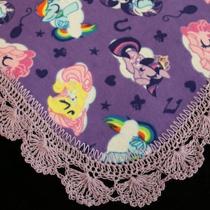 Receiving Blanket Hand Crocheted Edge New Baby Shower Gift Girl&#39;s My Tiny Ponies on Purple
