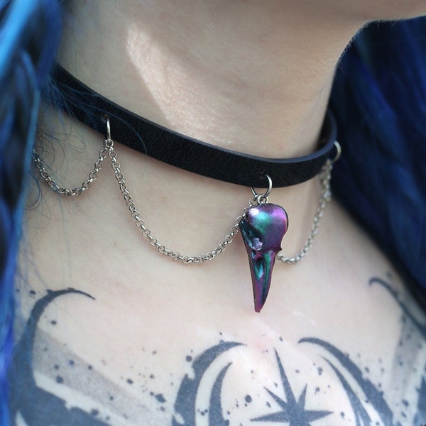 Chrome raven skull choker with chain gothic witch jewellery