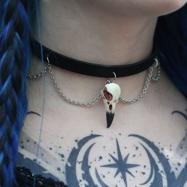 Raven skull choker with chain Halloween gothic jewellery