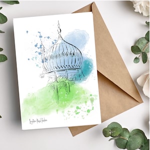 Brighton Royal Pavilion-wenskaart/Brighton-kunst/pen en aquarelkaart/kustkunst/verjaardagskaart/A6/Brighton and Hove/minimalistische kaart