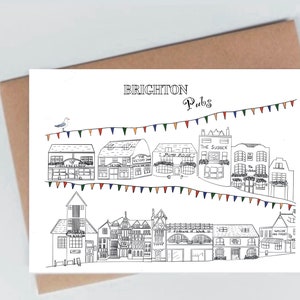 Brighton Greetings Card/Brighton Pubs/Black Line Art/contemporary cards/Birthday Card/Brighton and Hove