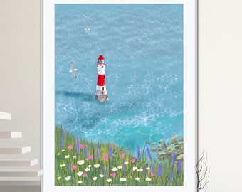 Beachy Head Lighthouse Print/Contemporary Art/Eastbourne Beach/Lighthouse Art/ Eastbourne Illustration /Sussex Wall Art/Brighton A4 A3 Print