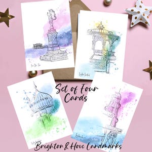 Biglietti di auguri Brighton Landmarks/Set di 4/Biglietto penna e acquerello/Arte costiera/Biglietto di compleanno/Brighton Pier/Padiglione/Bandstand/A6