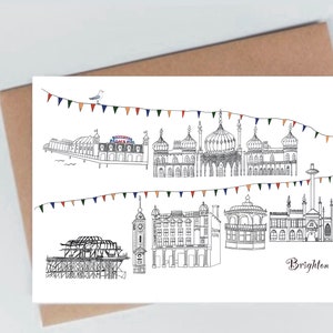Brighton-wenskaart/Brighton Buildings /Brighton Pier/Black Line Art/hedendaagse kaarten/Verjaardagskaart/Brighton Pavilion