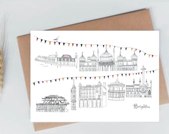 Brighton Greetings Card/Brighton Buildings /Brighton Pier/Black Line Art/contemporary cards/Birthday Card/Brighton Pavilion